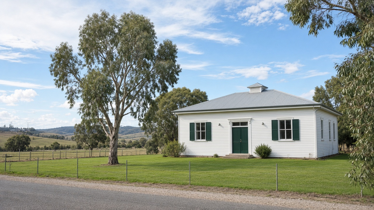 Rural community setting in the South Australian mid north with distant wind turbines on the horizon