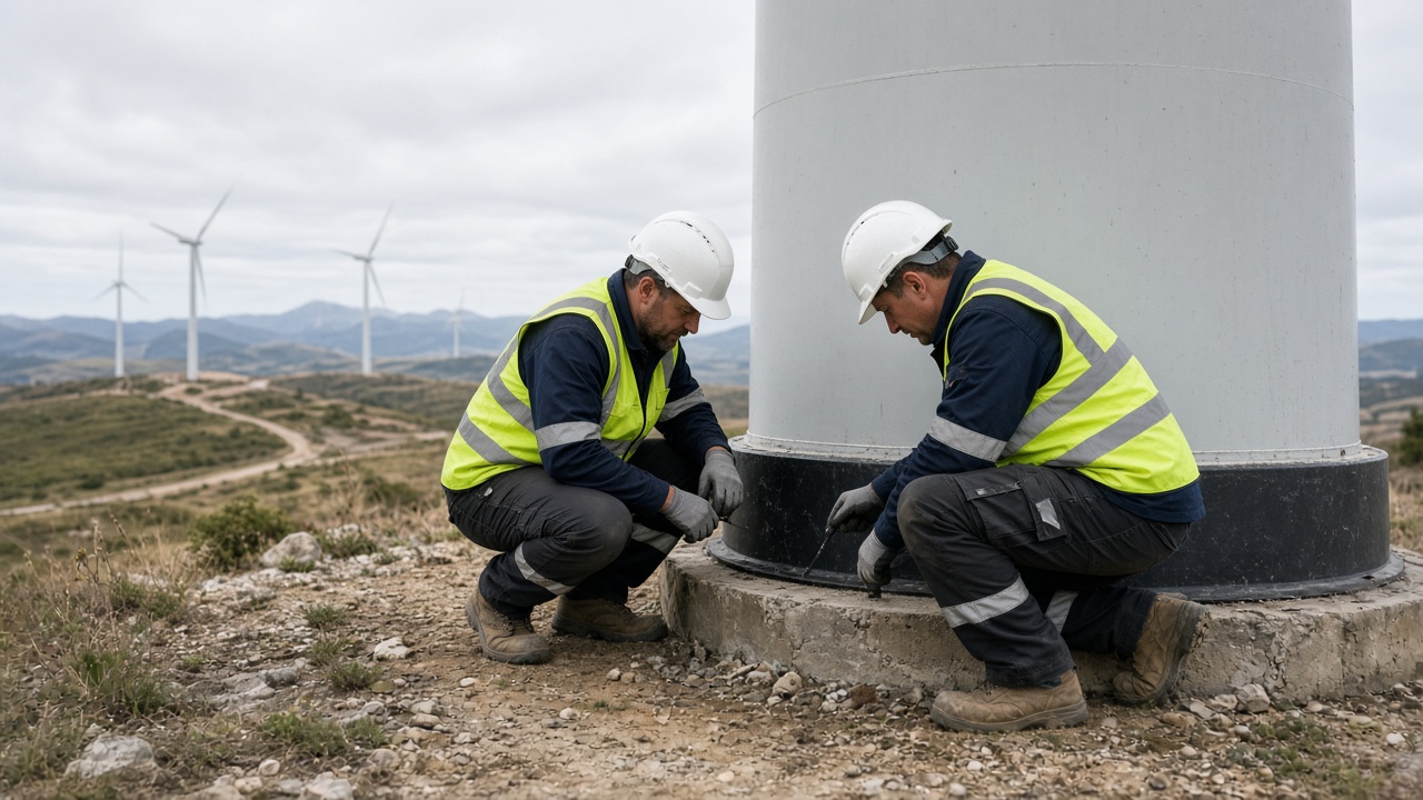 Technicians inspecting equipment at a renewable energy facility