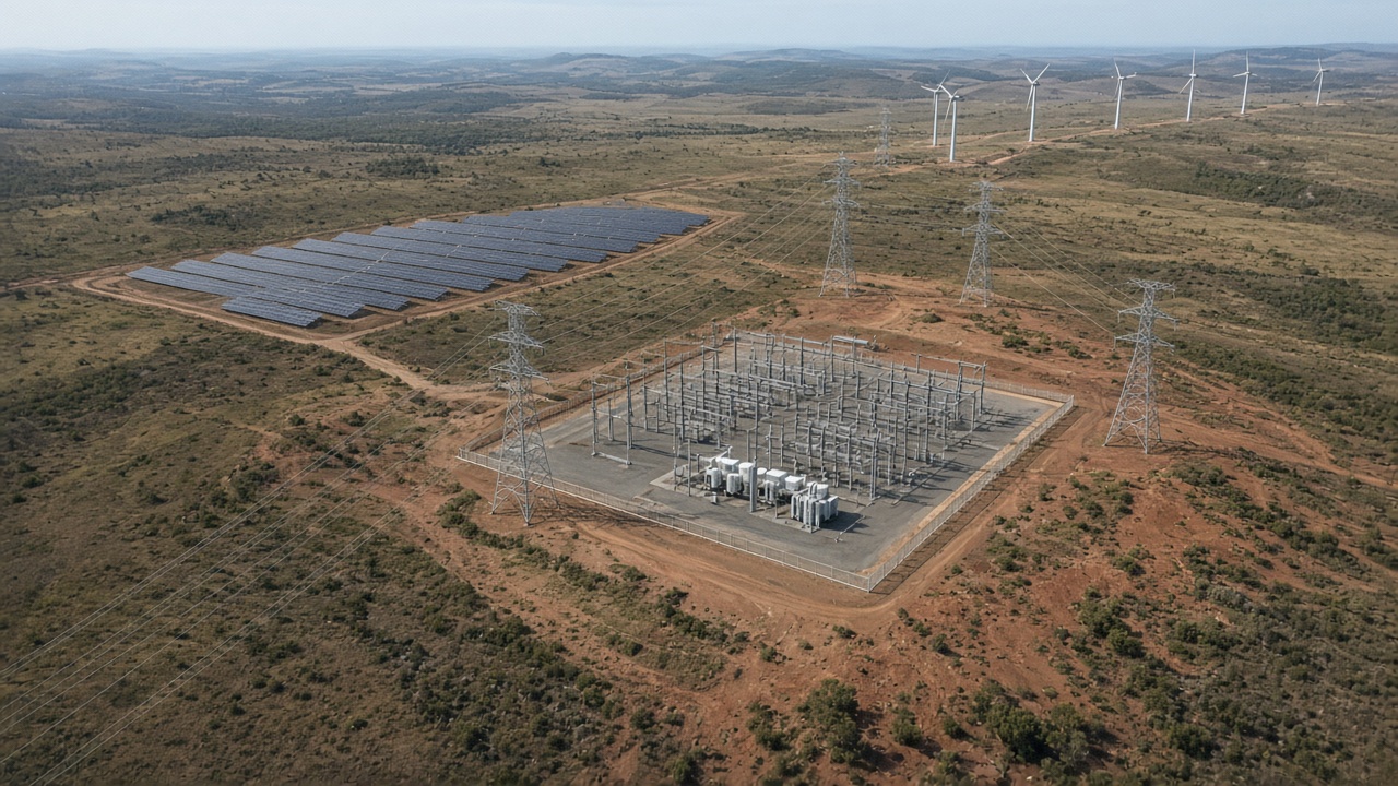 Aerial view of transmission lines and substation infrastructure