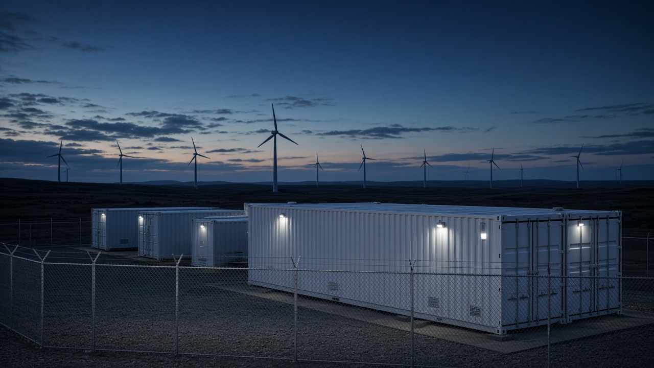Battery facility at dusk with grid lights in distance