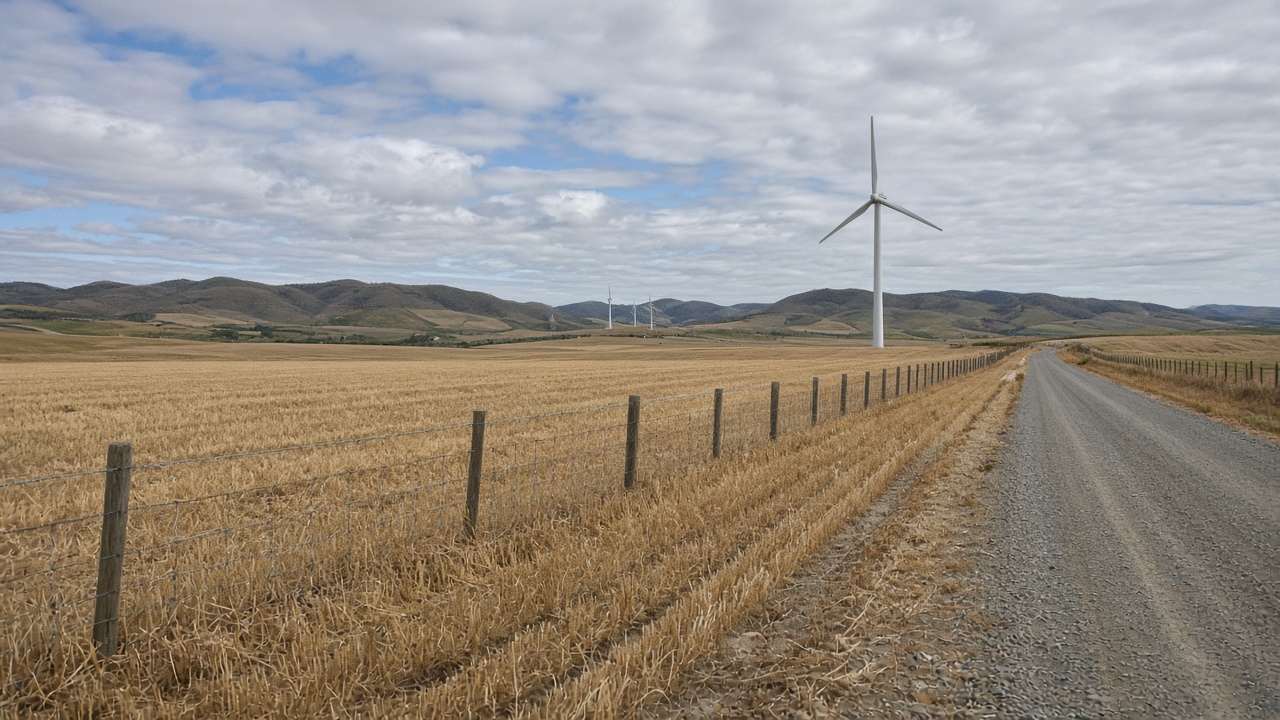 Farm fence and access track near wind infrastructure