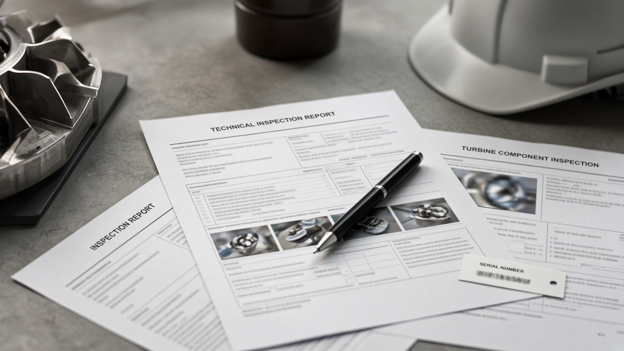Technical inspection documents and hard hat on desk