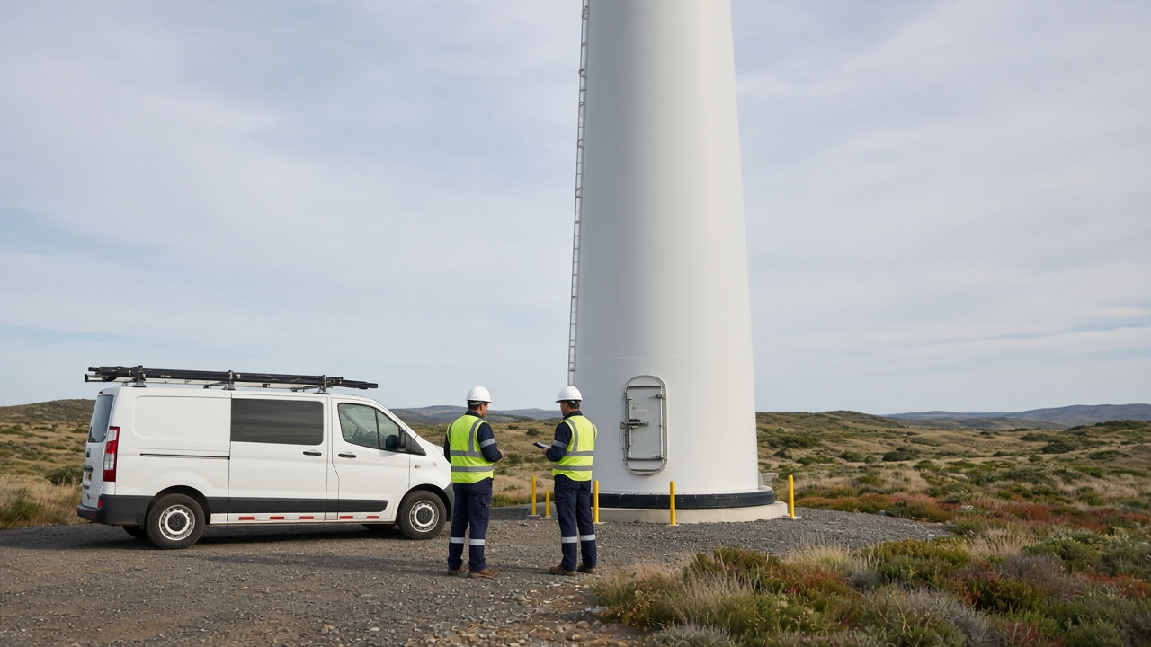 Technicians servicing a wind turbine base