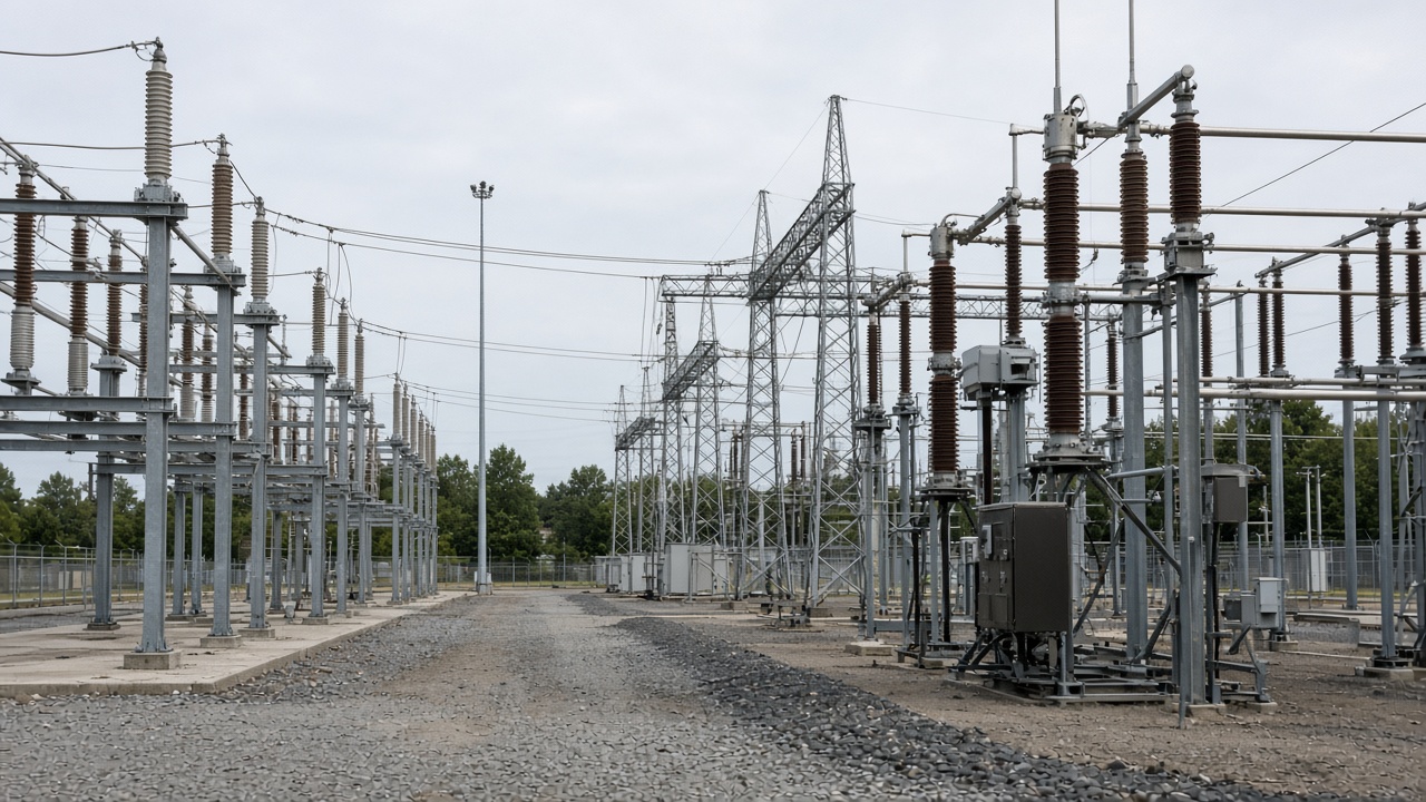 Substation yard with switchgear and control building