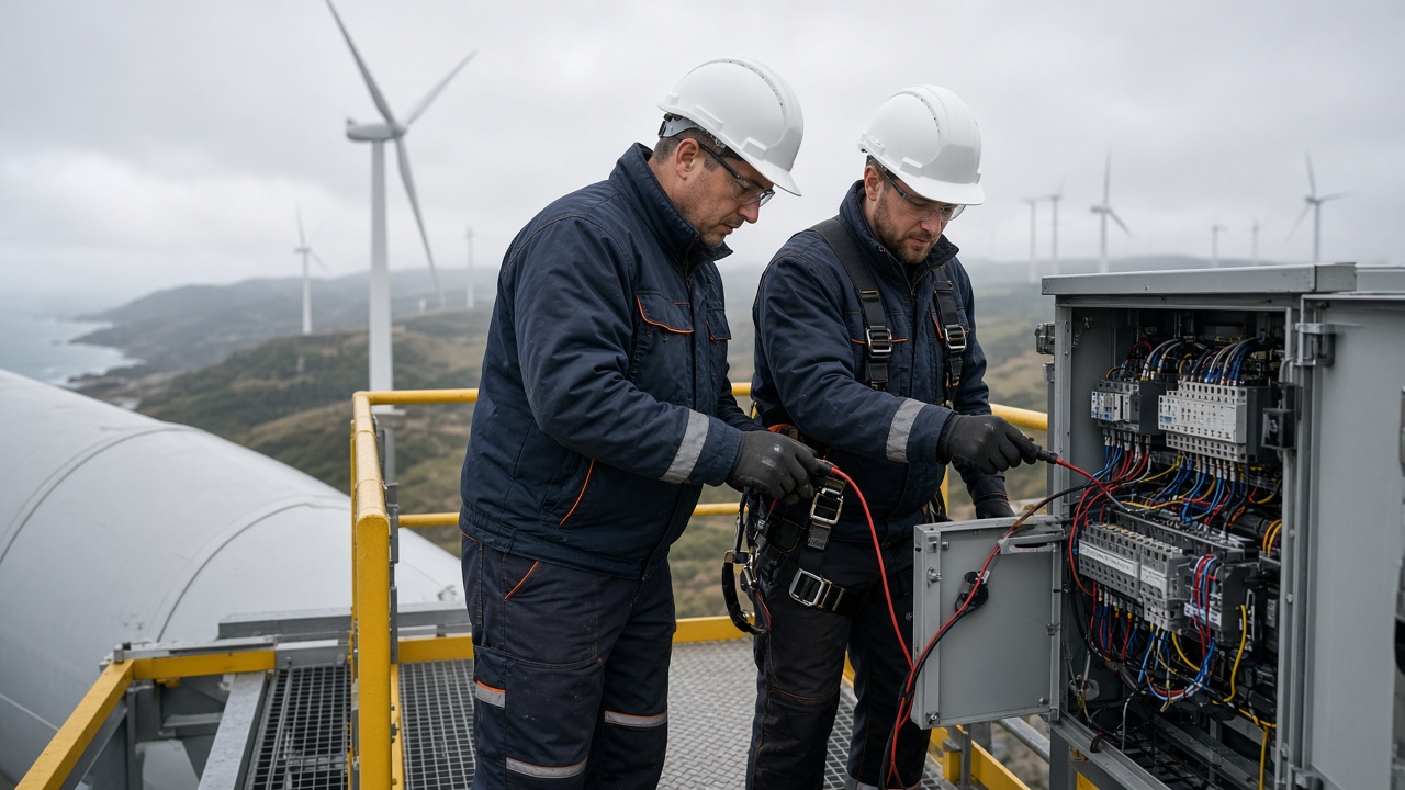 Technicians working at height on a turbine nacelle